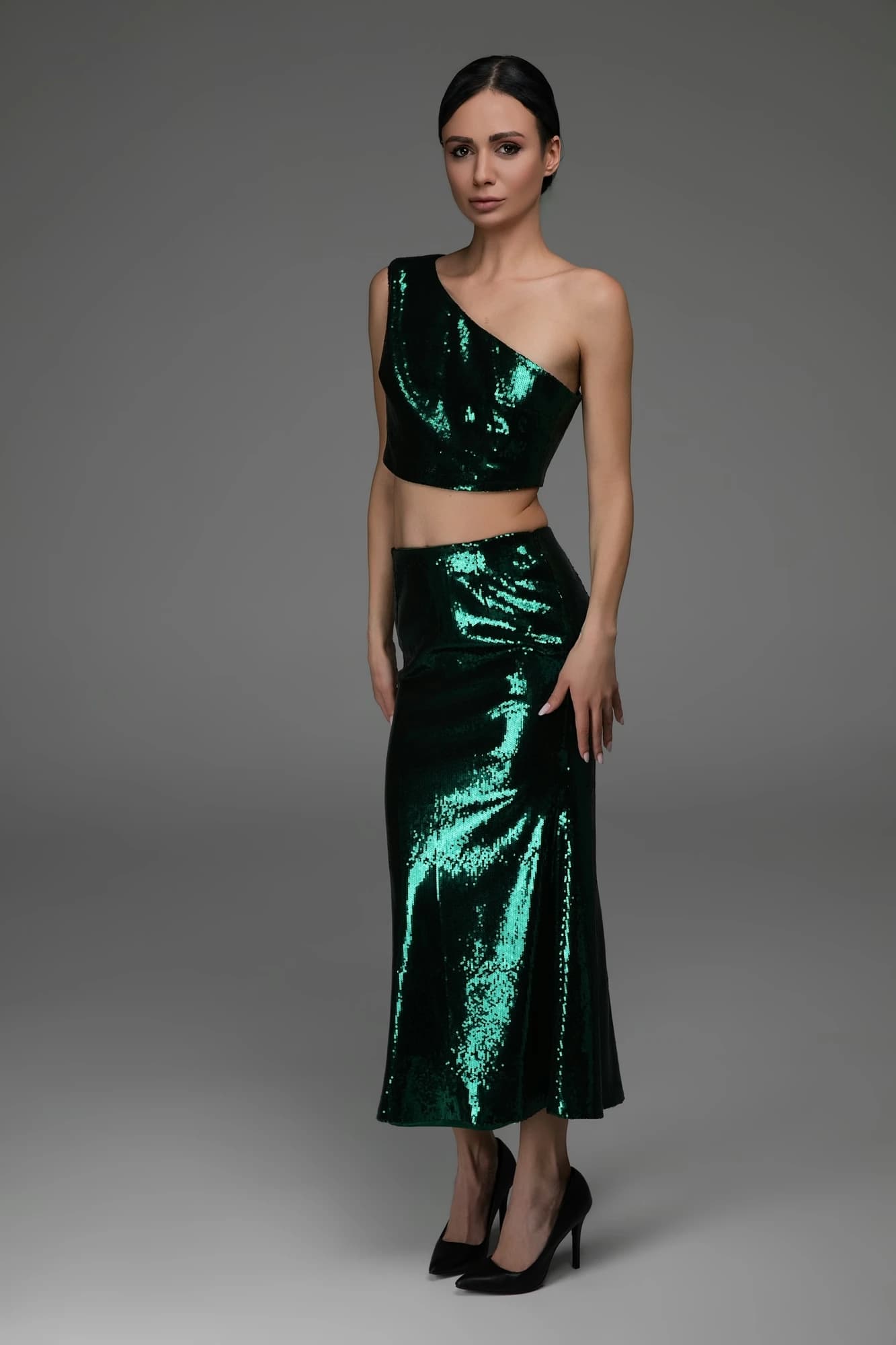 Gonna midi paillettes verde smeraldo